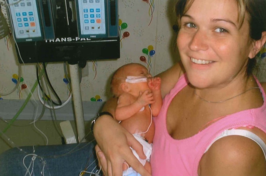Lynsey with Luke when he was born premature