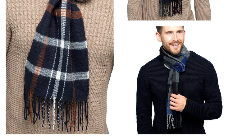 Men's check scarf navy, green or blue/grey