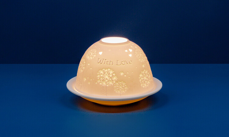 With Love Tealight, litho-phane dome made in an unglazed white porcelain with a With Love caption and beautiful flowers and heart design.
Dimensions approx. H 8cm Circumference 12cm