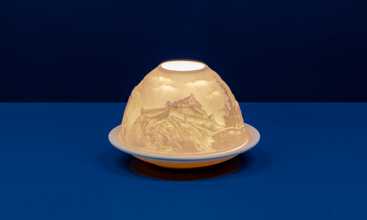 Edinburgh Tealight featuring the capitals outline made in an unglazed white porcelain.