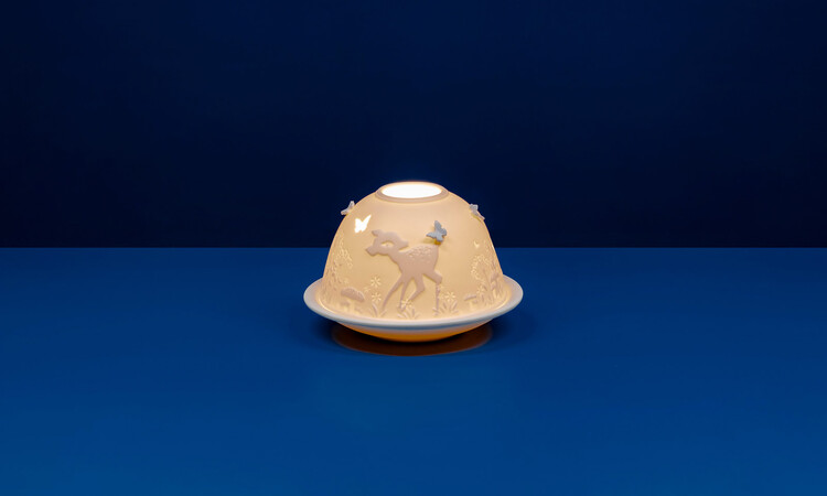 Bambi Tealight, litho-phane dome made from unglazed white porcelain featuring a Bambi in a Wonderland Scene.